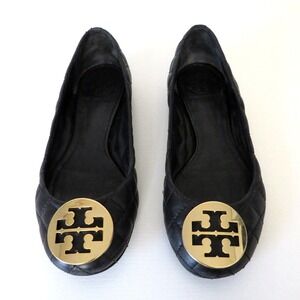 Tory Burch Black Quilted Leather Ballet Flats Size 7 Gold Logo Medallion Slip On